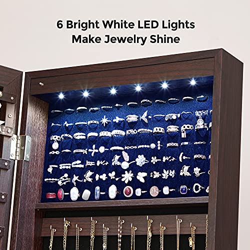 SONGMICS Mirror Jewelry with 6 LED Lights, Lockable Standing Mirrored Armoire Organizer