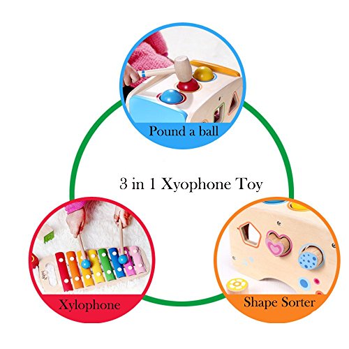 Wondertoys Wooden Toddlers Musical Toys Pound & Tap Bench Slide Out Xylophone with Mallet 3 Balls Shape Sorter Early Development Games for Toddler