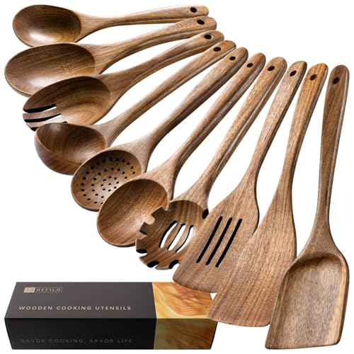 Wooden Spoons for Cooking, Nonstick Cooking Utensil Set with 10 Piece Acacia...