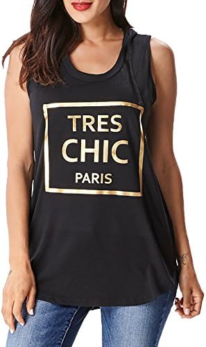 in2you Sleeveless Hooded Top with Gold Tres Chic Paris Hooded long tee. (Small, Black)