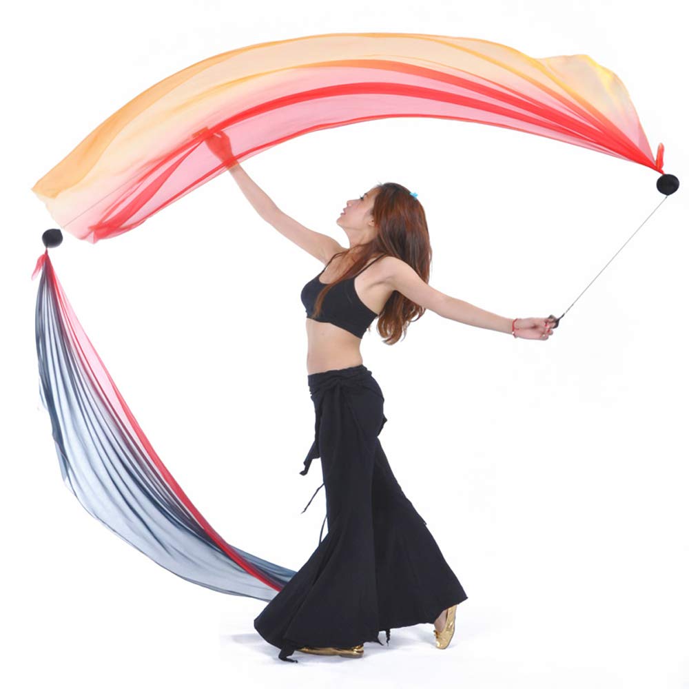 Photo 1 of 2Pcs Silk Veil + 2Pcs Poi Chain Ball Women Belly Dance Poi Streamer Throw Ball Stage Props (BLACK RED ORANGE)