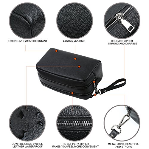 Leathario leather toiletry bag for men Travel Hanging genuine leather Two-layered storage sections organizer black