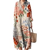 Akivide Women's V Neck Boho Floral Linen Maxi Dress Casual Plus Size Long Sleeve Beach Vacation Tunic Dresses with Pockets