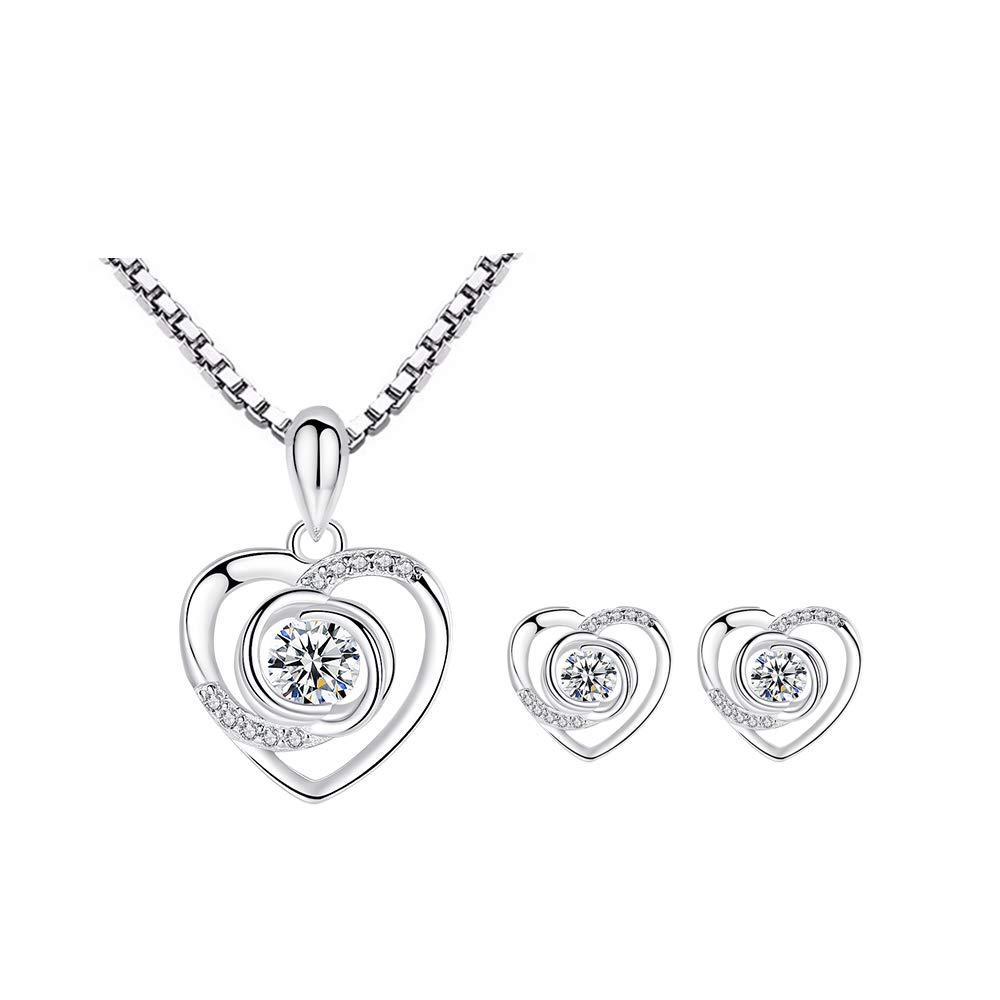 Deyanse Sterling Silver Jewellery Set for Women, Necklace and Stud Earring Set,12mm and 45mm Chain Length Heart-Shaped Pendant Necklace, 10mm Small Love Stud Earrings, with 5A White Zircon