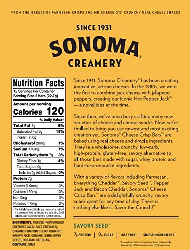 Sonoma Creamery Cheese Crisp Bars - Savory Seed 8 Two-Bar Packs (Savory Snack Bars with 0g Sugar & 8g Protein Low Carb Gluten Free)