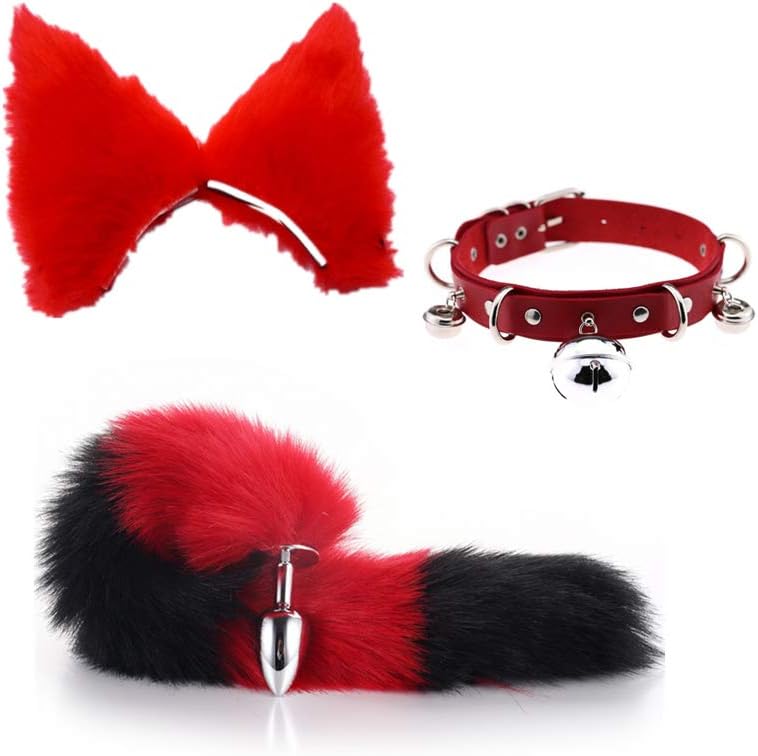 Micrkrowen 4Pcs Furry Wolf Tail & Headband Ears SetParty Toys Role Play B-ü-t-t P-l-ǔ-g Tail+ Ears Headband（Size M）