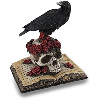 Veronese Design Perched Raven On Rose Skull and Open Poetry Book Statue