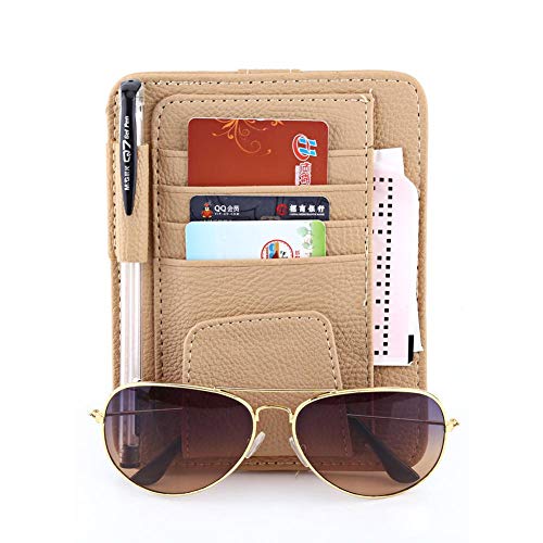 Multi-function Car Sun Visor Organizer Card Storage Glasses Holder Clip Pouch Bag Hanging Holder PU Leather(Beige) Visors/Visors