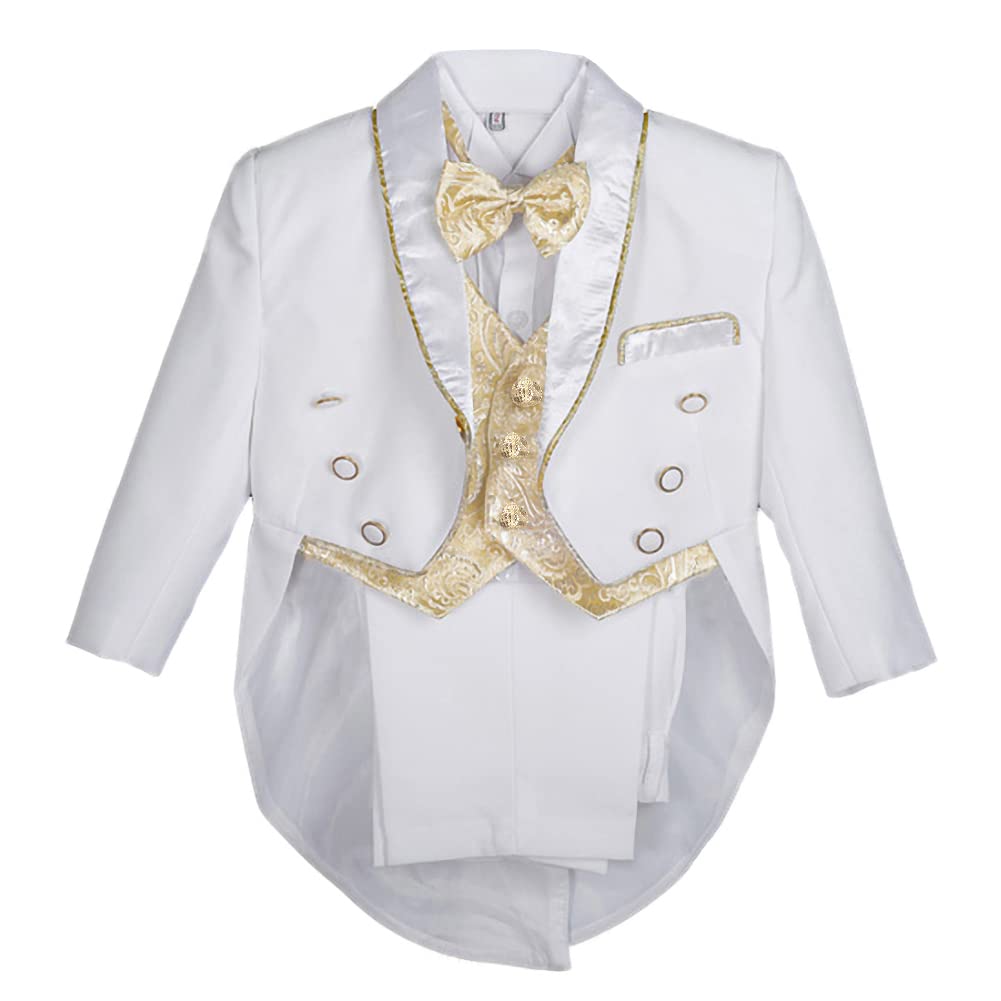 Lito Angels Baby Boys Tuxedo Wedding Suits & Blazers, Christening Baptism Formal Outfit 5 Pieces Set with Gold Jacquard Waistcoat, Age 18-24 Months, White