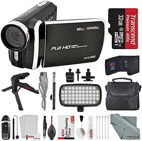 Bell & Howell DV30HD 1080p HD Video Camera Camcorder (Black) + Case, LED Light, Tripod, 32GB Memory Card, Memory Card Wallet, Card Reader & Xpix Deluxe Cleaning Accessories