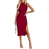 ihot Women's Mock Neck Ruched Bodycon Dress Sleeveless Side Slit Cocktail Party Midi Dresses