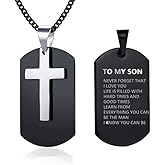 LiFashion LF Stainless Steel Personalized Name Custom to My Son Cross Dog Tag Pendant Necklace for Son Sentiment Motivational Quote Engraved for Christmas Birthday Gift from Dad Mom,Free Engraving