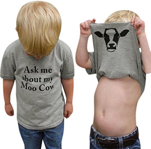 Evansamp Children Funny T-shirt, Ask me about my Moo Cow Letter Printed Short Sleeve Tee Shirt Tops Clothes for Kids Baby Girls Boys 3-7 Years Old