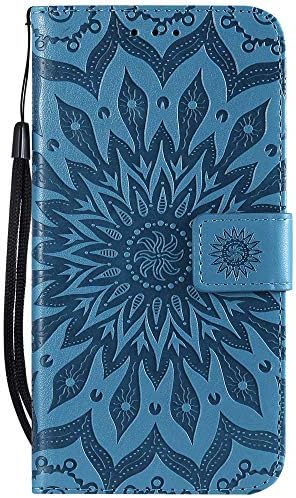 Veapero Samsung Galaxy A80 A90 Case,Shockproof PU Leather Flip Case Cover Notebook Wallet Embossed Sun flower with Stand Card Holder Soft TPU Bumper Protective Skin Case,Blue
