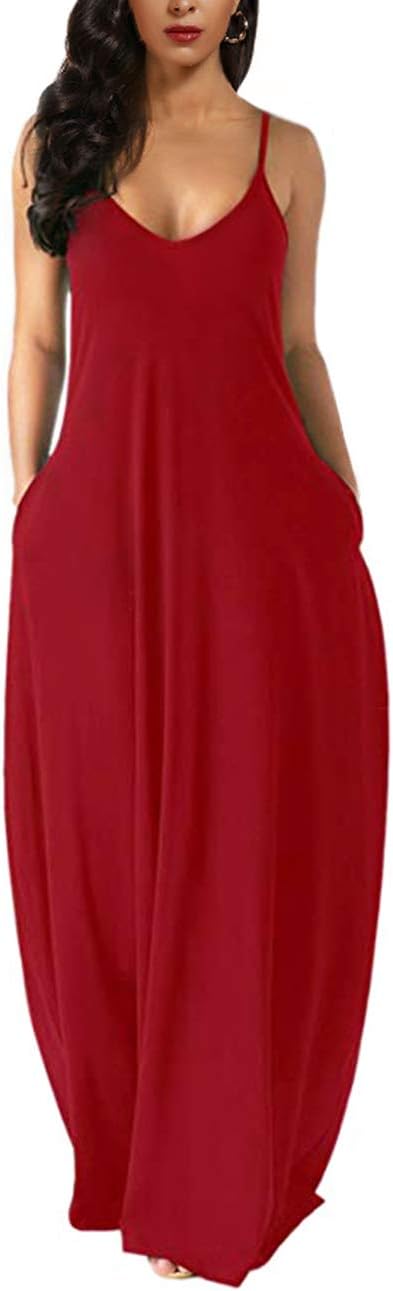 Zabrina Stores Womens Casual Sleeveless Plus Size Loose Plain Long Maxi Dress with Pocket Red 3X