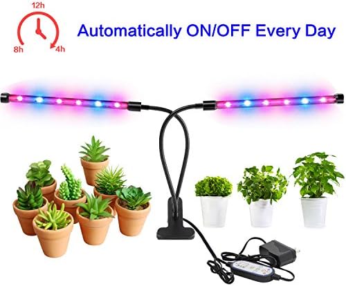 [2018 Upgraded] Calofo 24W Cyclic Timing（4/8/12H） Function Dual Head Grow Light 12 LED 8 Dimmable Levels Grow Lamp Bulbs with Adjustable Gooseneck for Indoor Plants Hydroponics Greenhouse Gardening