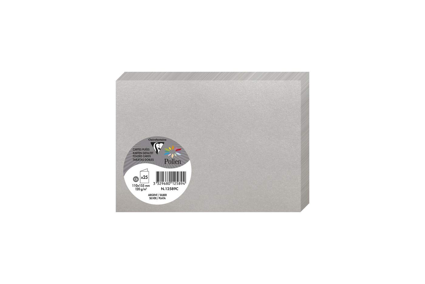 Clairefontaine 12589C Silver Iridescent Paper Pack of 25 Double Cards C6 11x15,5cm 210gsm Invitation and Correspondence Cards Pollen Range Smooth Premium