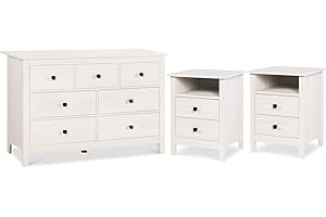 Vikiullf Dresser and Nightstand Set - 3 Pieces Bedroom Set with 7 Drawers Chest and 2 Drawer Night Stands, Wooden Storage Cabient for Bedroom, White Wood Grain