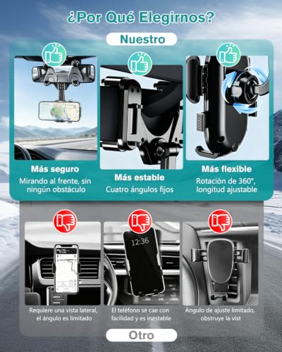 LONGLIV Soporte Celular Auto, Soporte de Teléfono Giratorio y Retráctil de 360°, Multipropó Sito, se Puede Utilizar en los Espejos Retrovisores del Coche, Compatible con iPhone, Xiaomi, Redmi, Huawei