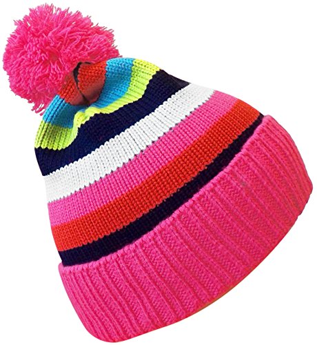 Peach Couture Classic Warm Adorable Kids Striped Cable Knit Winter Pom Pom Hat Pink