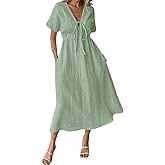 chouyatou Women's Summer Boho V-Neck Cotton Tunic Dress Casual Loose Short Sleeve Midi Long Beach Dress