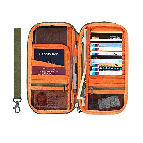 RFID Blocking Travel Passport Wallet - Documents Zipper Organizer Case Holder with Removable Wristlet Strap by IntiPal(Orange & Green)