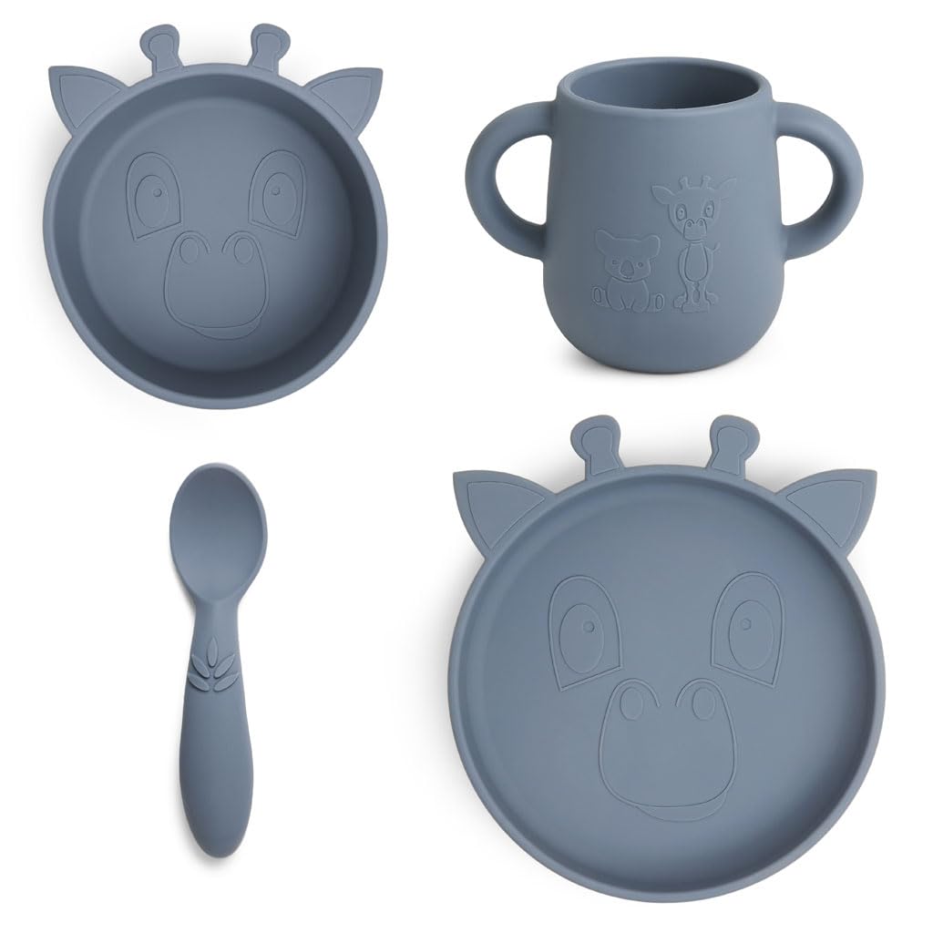 Nuuroo Baby Silicone Dinner Set – 4 Pack, Kids Plates with Spoon & Cup, Silicone Baby Tableware, BPA-Free, Dishwasher Safe Toddler Feeding Set, Designed in Denmark (Bering Sea)