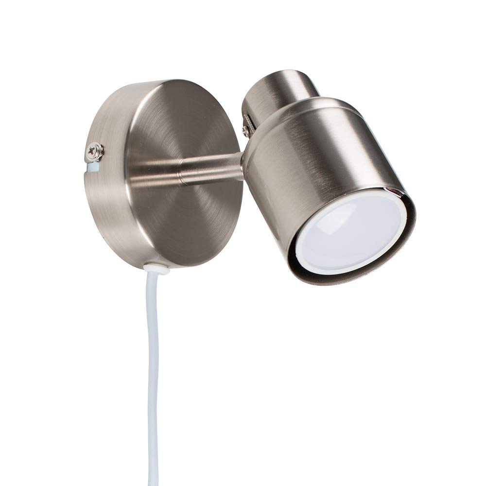 Euro Modern Brushed Chrome Single Adjustable Ceiling/Wall Spotlight with Practical Plug, Cable and Switch