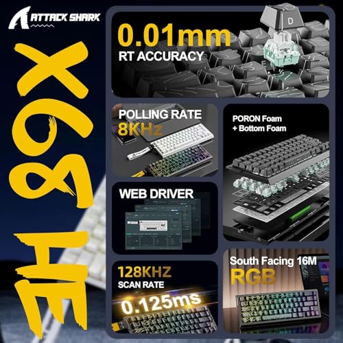ATTACK SHARK X68 HE 8000Hz Rapid Trigger Keyboard, 0.01mm RT Accuracy Wired Gaming Keyboard with Magnetic Switch, Adjustable Actuation, Rapid Trigger, Snap Tap, RGB Lighting for PC/Mac, Moonlight