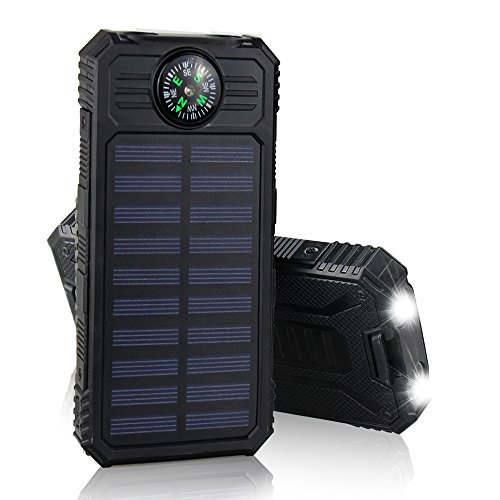 Solar Charger, External Battery Power Bank 11000mAh Dual USB Portable Phone Charger with Compass & 2 Flashlights for iPhone iPad iPod Cellphones Tablet Camera (Black)