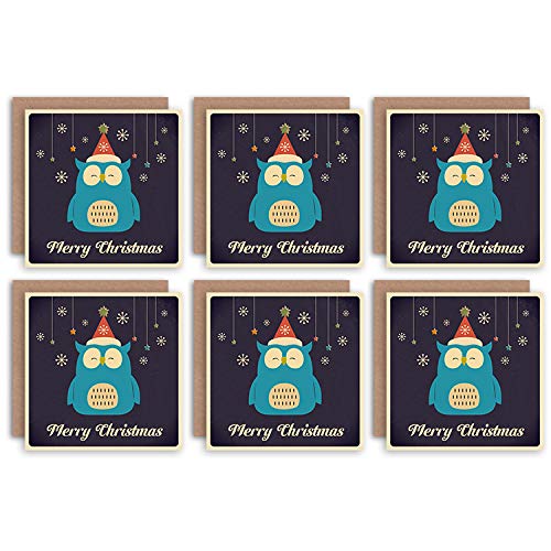 Wee Blue Coo Christmas Cards 6 Pack - Cute Owl Bird Snowflake Set Xmas Cards