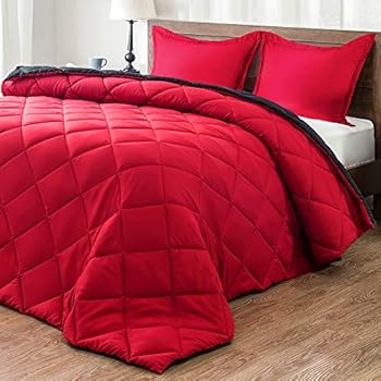 downluxe Lightweight Solid Comforter Set (Queen) with 2 Pillow Shams - 3-Piece Set - Red and Black - Down Alternative Reversible Comforter