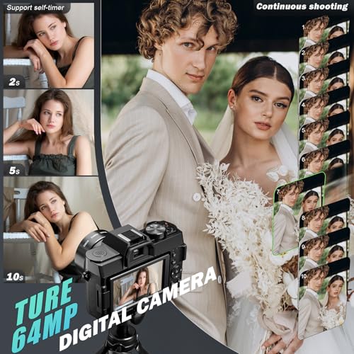 NBD 8K 64MP Digital Camera with Autofocus & 16X Zoom, Wi-Fi & App Control, Anti-Shake, 180° Flip Screen, Webcam Function, Includes Macro & Wide-Angle Lenses, 64GB TF Card & 2 Batteries (Black)