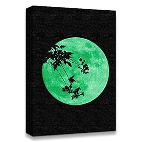 Canvas Wall Art Abstract Green Moon with Pop-up Black Pattern Painting Artwork for Home Prints Framed - 12x18 inches