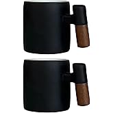 Dicmracy 2-Oz Ceramic Espresso Cups with Wood Handle, 2/4-Piece Set for Coffee, Tea, Latte - Dishwasher Safe, Multi-Color & Wood Styles, Gift & Café Use (balck, Wooden Handle2)
