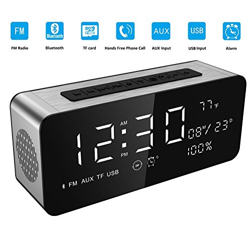 Soundance 12W Large Screen Digital Radio Alarm Clock Bluetooth Speaker with premium HD sound & LED display of time/date/temperature, 3.5mm Aux/Micro SD/TF/ USB Input Model A10