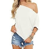 LEEDYA Women Off Shoulder Tops Short Sleeve T-Shirts Loose Blouses Oversized Tunic Tops