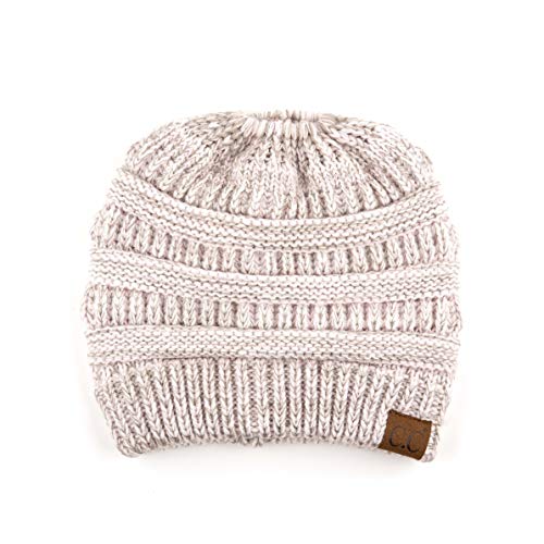 BYSUMMER CC Cable Knit Beanie Messy Bun Ponytail Warm Chunky Hat (2 Tone Rose)