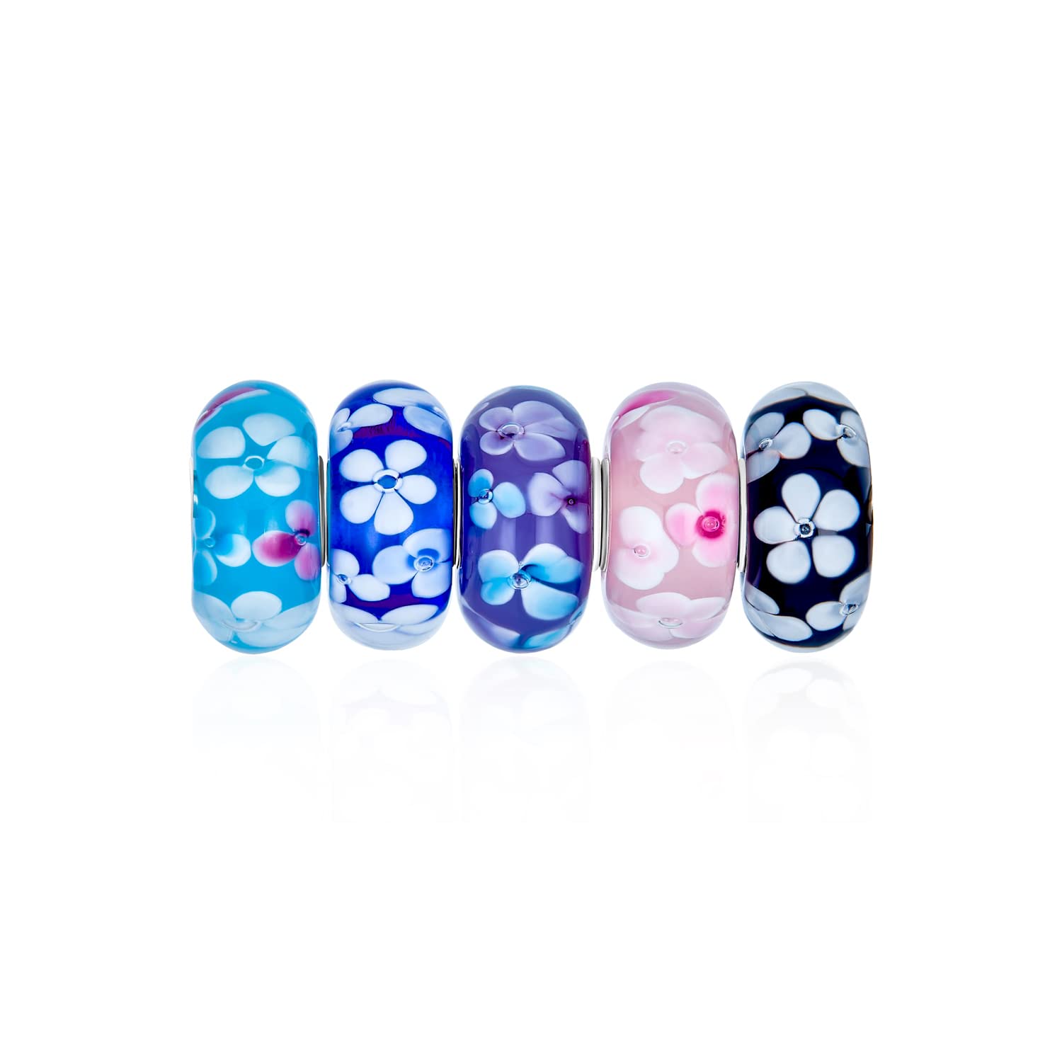 Romantic Mixed Set Of 5 Bundle .925 Sterling Silver Core Translucent Shades Of Aqua Blue Black Pink Lilac Vintage Floral Flower Murano Glass Charm Bead Spacer Fits European Bracelet For Women Teens