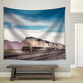 Freight Train Running Travelling Arizona Desert - Fabric Wall Tapestry Home Decor - 51x60 inches