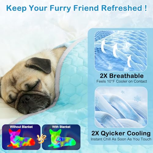 Vivifying Dog Cooling Mat, 101x76cm Waterproof Reversible Pet Cooling Blanket with Ice Silk & Velvet – Year-Round Comfort for Dogs and Cats (L, Blue&Grey)