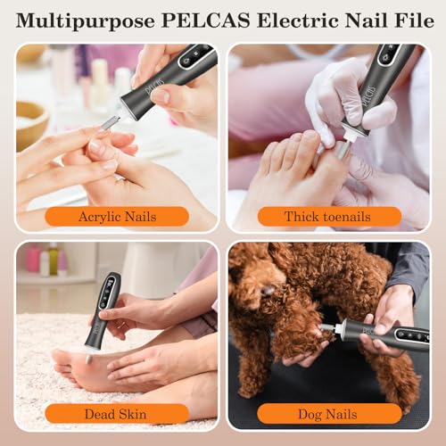 PELCAS Electric Nail File 10 Speeds Professional Cordless Electric Nail Drill with LCD Screen and LED Light, Portable Rechargeable Nail Files for Acrylic and Gel Nails, Pet, Thick Toenails
