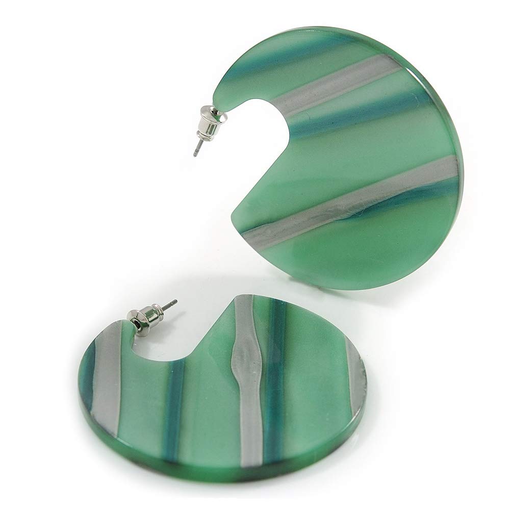 Green/Silver Stripy Acrylic/Resin Disk Earrings/ 48mm D/Trendy