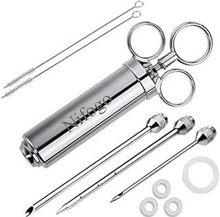 BBQ Bratenspritze mit 3 Nadeln 60 ml, Gewürzspritze, Marinadenspritze zum Grillen für Rind, Huhn, Gebäck mit Marmelade zu befüllen, 304 Edelstahlausführung, FDA Zertifizierung (Silber)