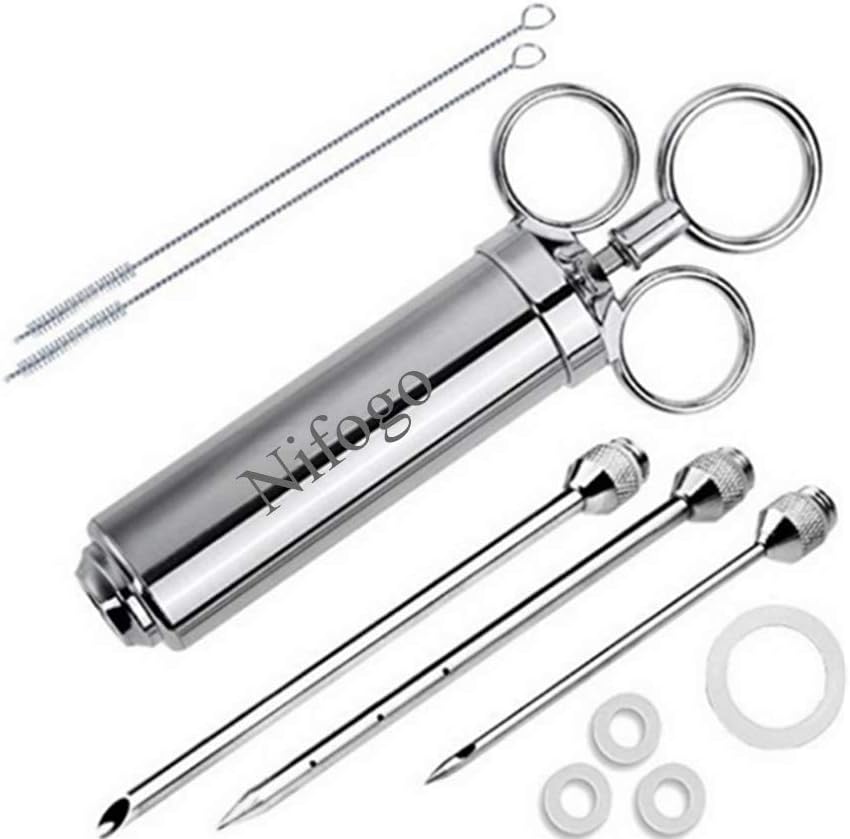 BBQ Bratenspritze mit 3 Nadeln 60 ml, Gewürzspritze, Marinadenspritze zum Grillen für Rind, Huhn, Gebäck mit Marmelade zu befüllen, 304 Edelstahlausführung, FDA Zertifizierung (Silber)