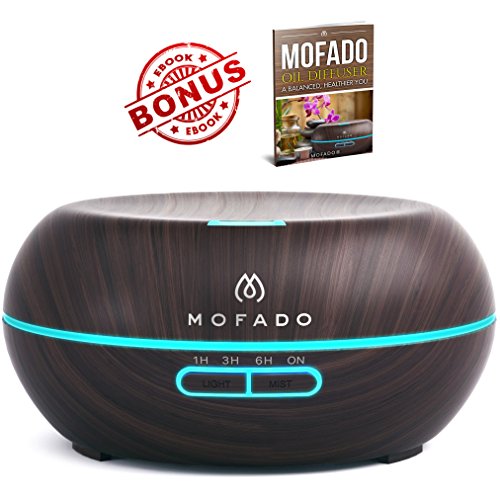 Essential Oil Diffuser - Ultrasonic Aromatherapy Humidifier - BONUS Essential Oil eBook - Auto Shut Off - Dark Faux Wood - 7 LED Mood Lights