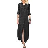 utcoco Womens Denim Shirt Dress Vintage Lapel Long Sleeve Casual Button Down Maxi Jean Dresses