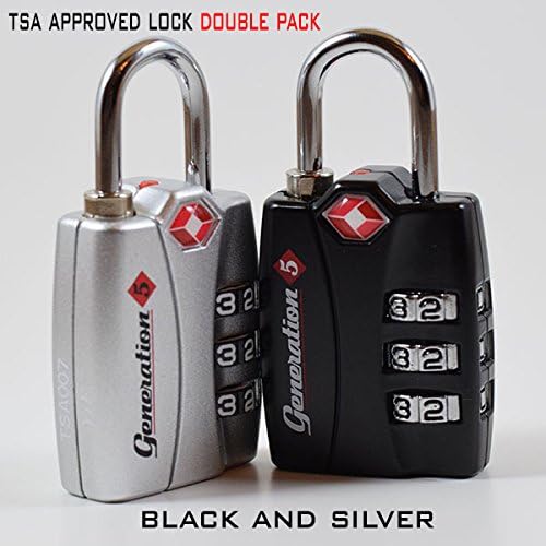 TSA Approved & Accepted Combination Lock 2-Pack by Generation 5 - Best Travel Suitcase Luggage Locks - 3 Digit, Set Your Own Combination Padlocks With Open Alert - Portable & Resettable - Black, Silver