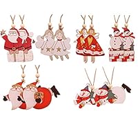 Poniu 12Pcs Christmas Wooden Hanging Ornament Santa Snowman Angel Pendants Xmas Family Party Holiday Decor