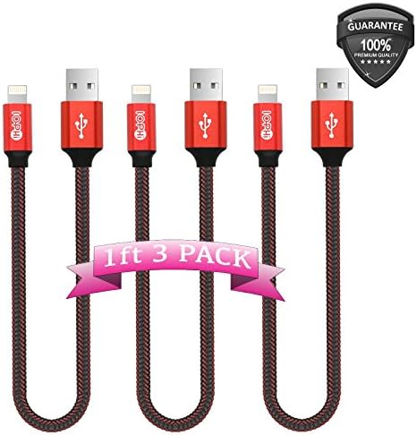 Lightning Cable 3 Pack 1FT Iophi iPhone Charging to USB Nylon Braided 2.4A High Speed Heavy Duty Aluminum Connector Charge Sync Cable for iPhone 7 / 7 Plus / 6 / 6s / 5 5s 5c SE / iPad / iPod - RED
